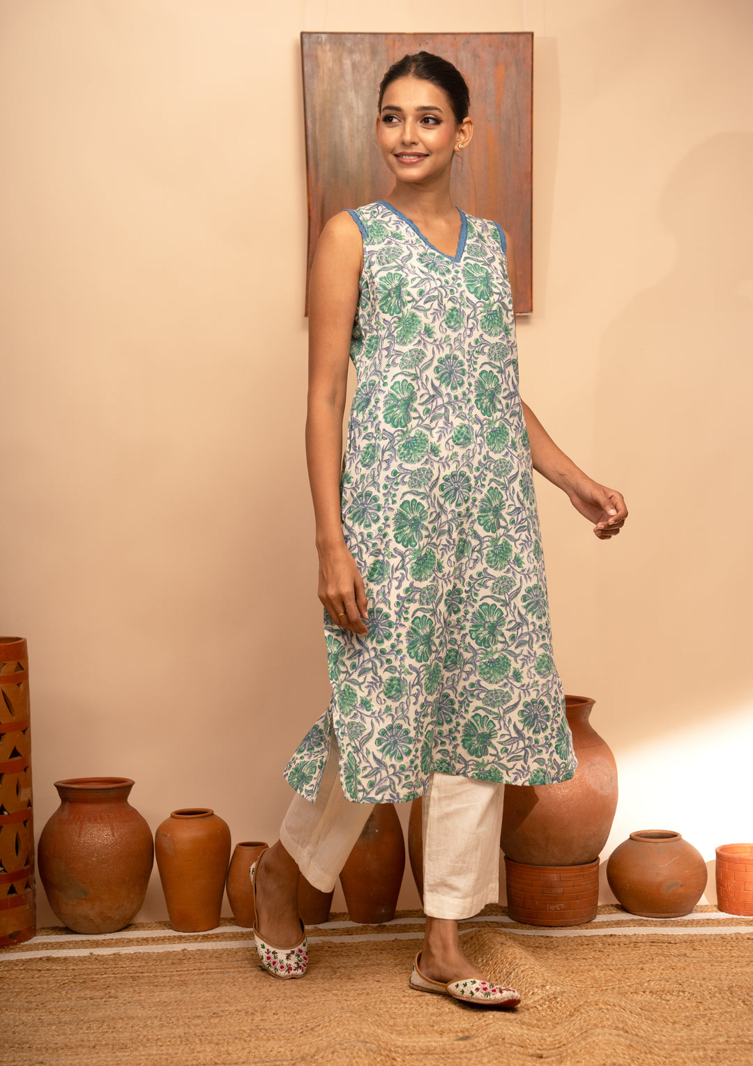 Women’s Cotton V-Neck Jaal Block-Printed Regular Fit Kurta  - Arya collection