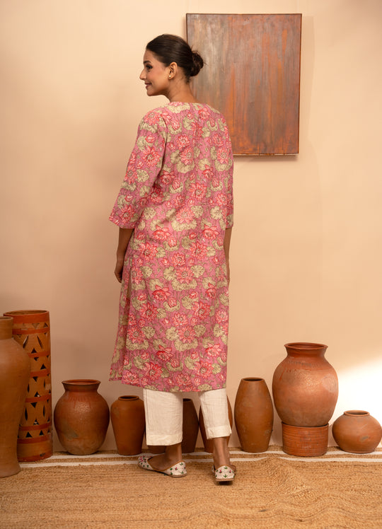 Women’s Cotton Block-Printed Pintuck Detail Kurta - Arya collection