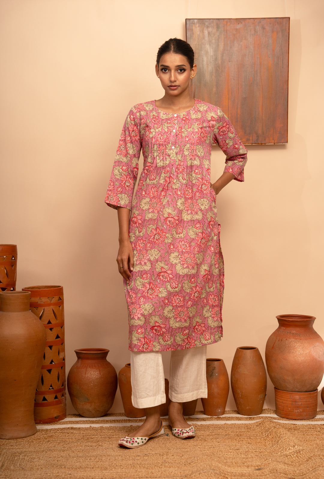 Women’s Cotton Block-Printed Pintuck Detail Kurta - Arya collection