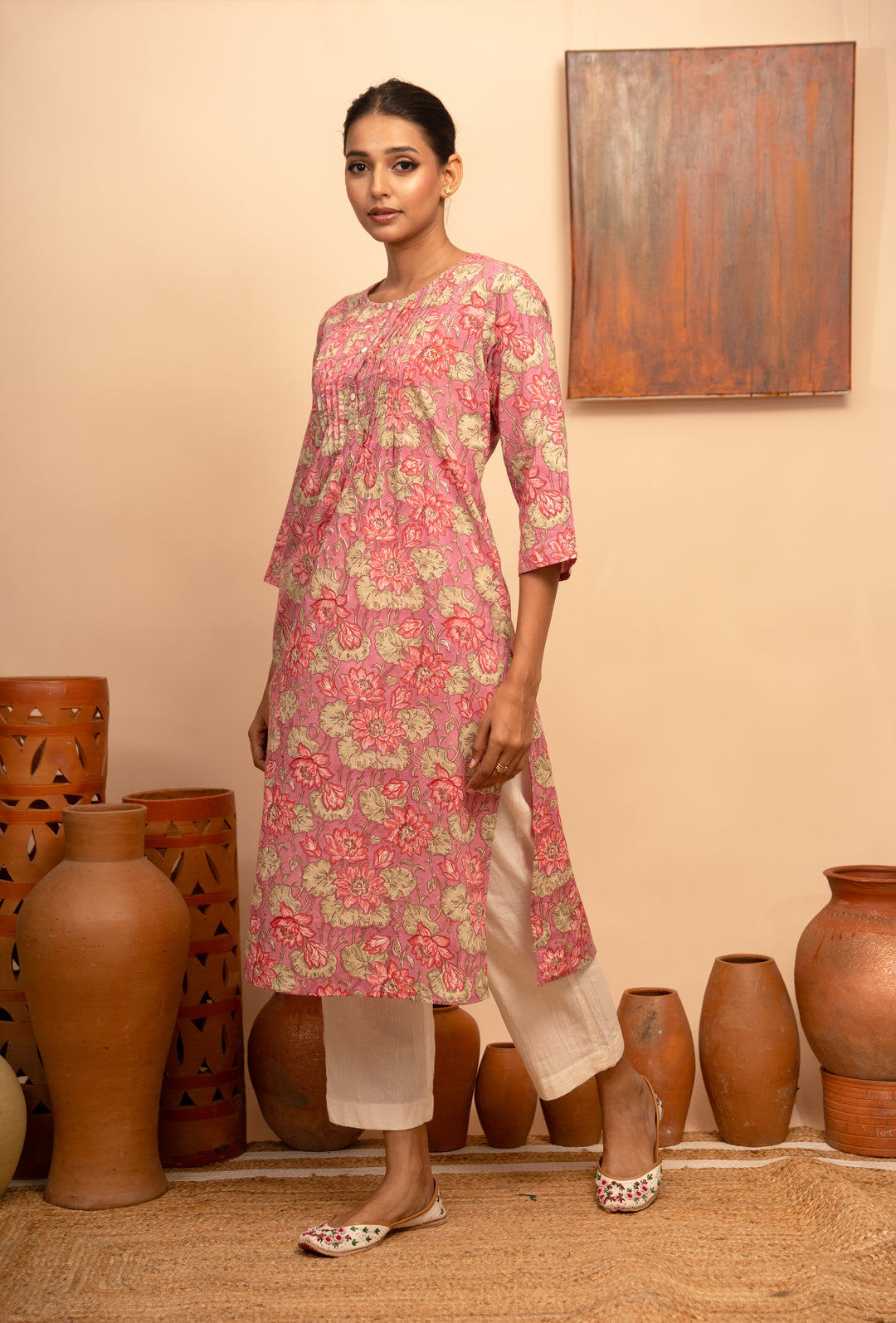 Women’s Cotton Block-Printed Pintuck Detail Kurta - Arya collection