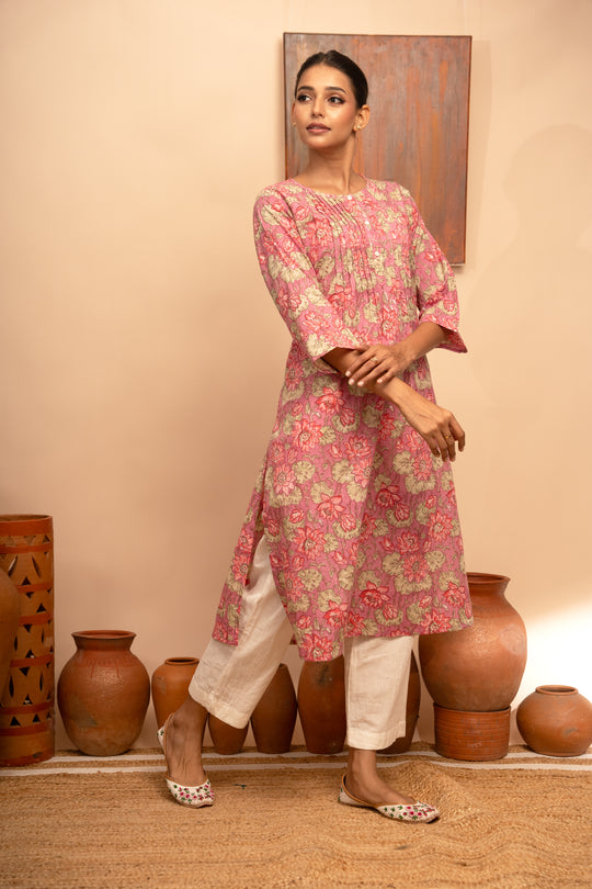 Women’s Cotton Block-Printed Pintuck Detail Kurta - Arya collection