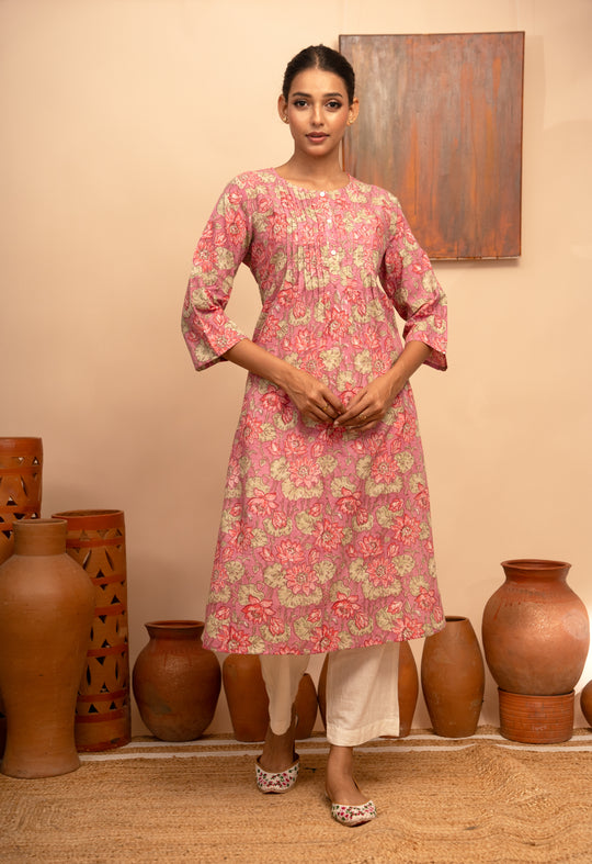 Women’s Cotton Block-Printed Pintuck Detail Kurta - Arya collection