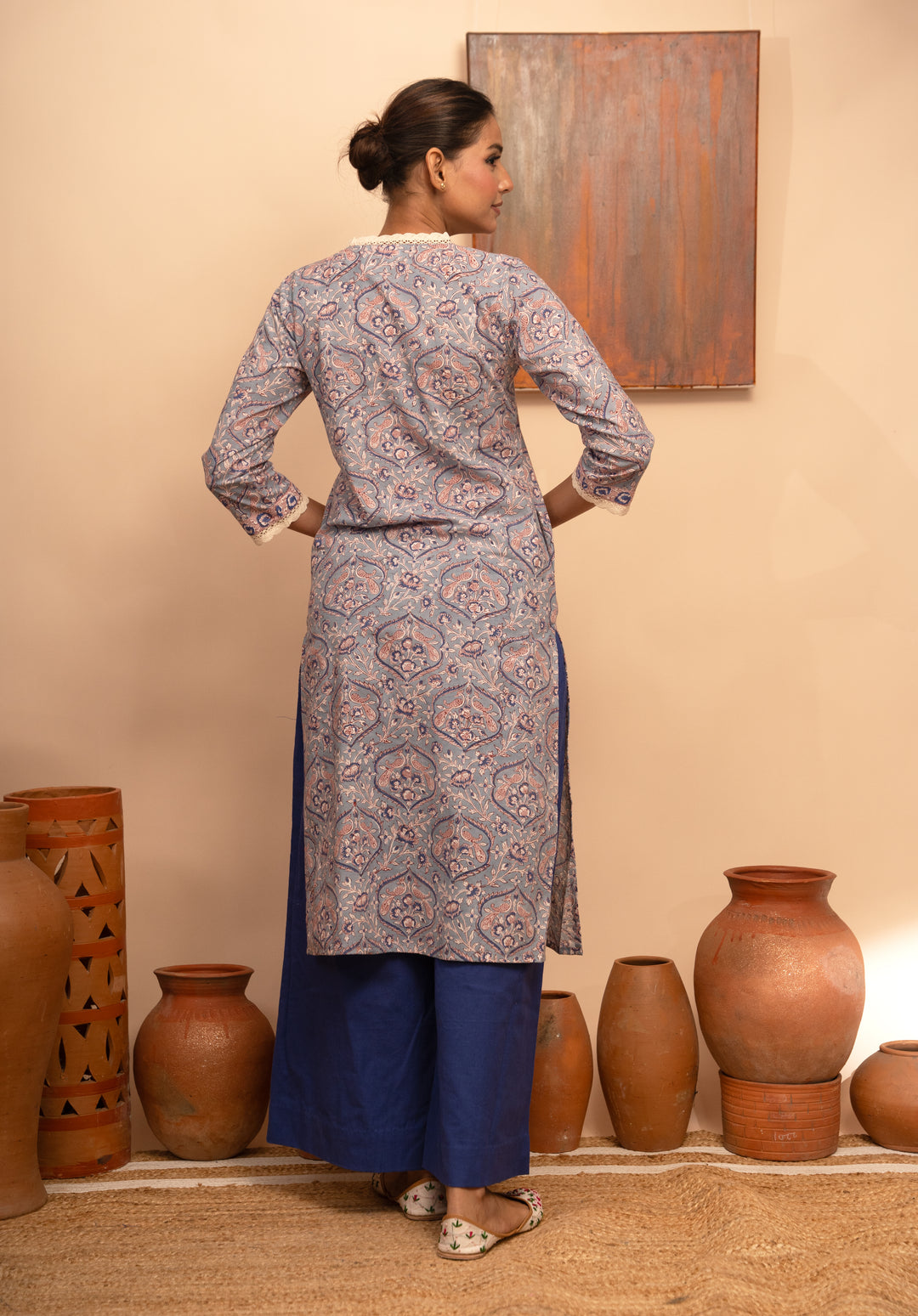 Women’s Cotton V-Neck Jaal Block-Printed Regular Fit Kurta  - Arya collection