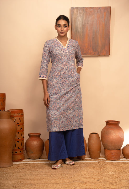 Women’s Cotton V-Neck Jaal Block-Printed Regular Fit Kurta  - Arya collection