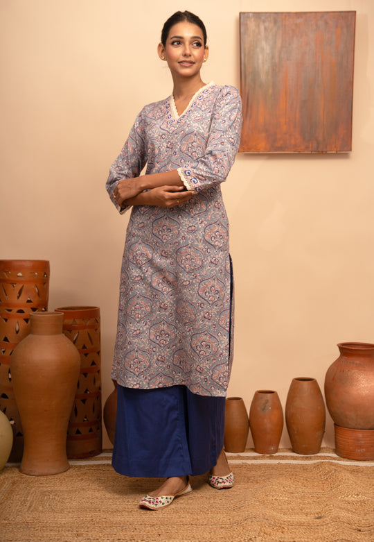 Women’s Cotton V-Neck Jaal Block-Printed Regular Fit Kurta  - Arya collection