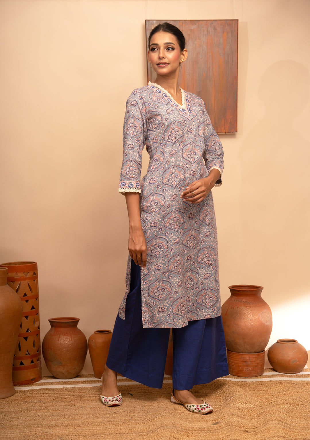 Women’s Cotton V-Neck Jaal Block-Printed Regular Fit Kurta  - Arya collection