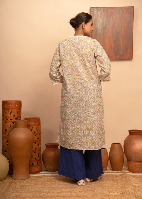 Women’s Cotton V-Neck Jaal Block-Printed Regular Fit Kurta  - Arya collection