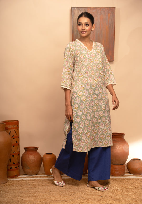 Women’s Cotton V-Neck Jaal Block-Printed Regular Fit Kurta  - Arya collection