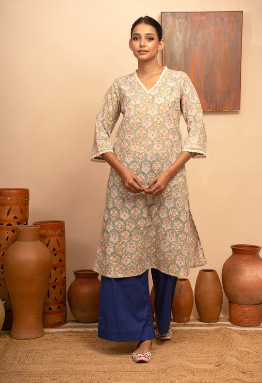 Women’s Cotton V-Neck Jaal Block-Printed Regular Fit Kurta  - Arya collection