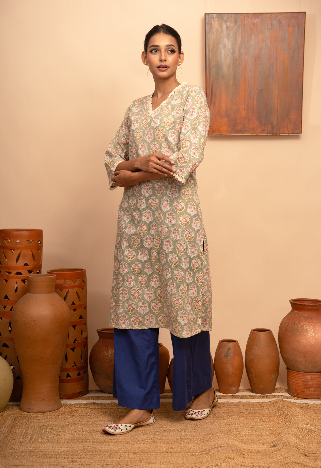 Women’s Cotton V-Neck Jaal Block-Printed Regular Fit Kurta  - Arya collection