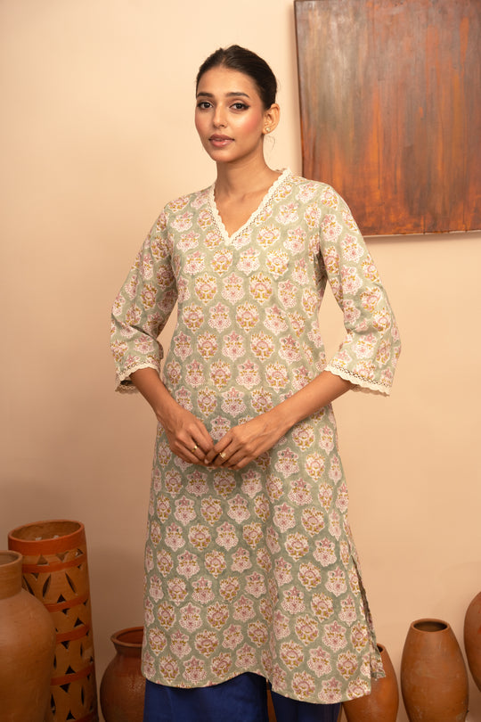 Women’s Cotton V-Neck Jaal Block-Printed Regular Fit Kurta  - Arya collection