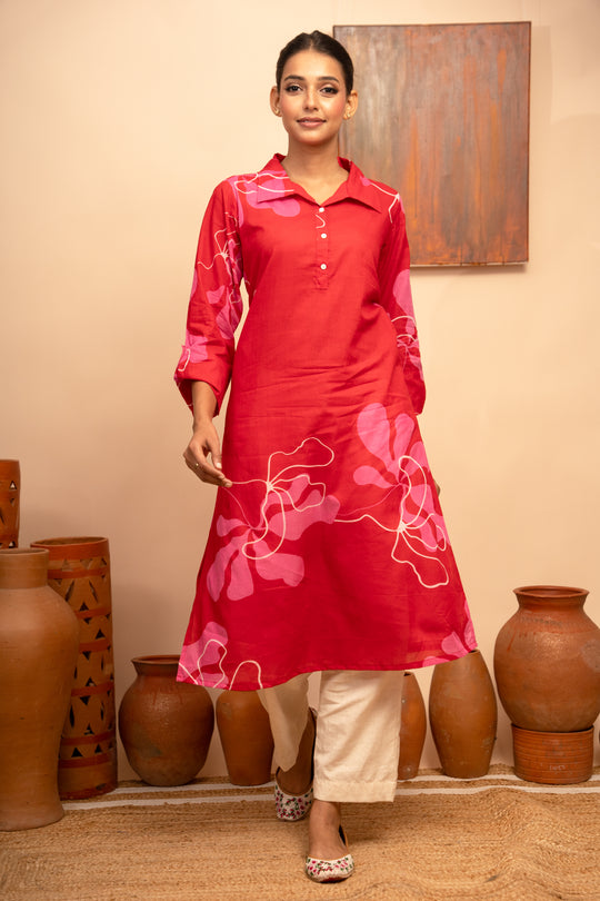 Women’s Mulcotton Collar Neck Red  Regular Fit Kurta  – Arya collection