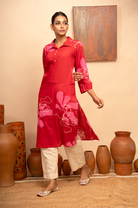 Women’s Mulcotton Collar Neck Red  Regular Fit Kurta  – Arya collection