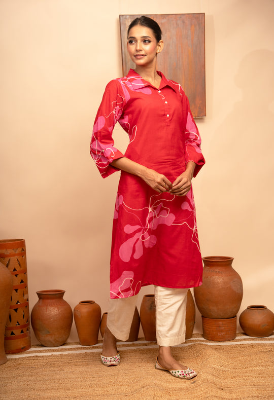 Women’s Mulcotton Collar Neck Red  Regular Fit Kurta  – Arya collection