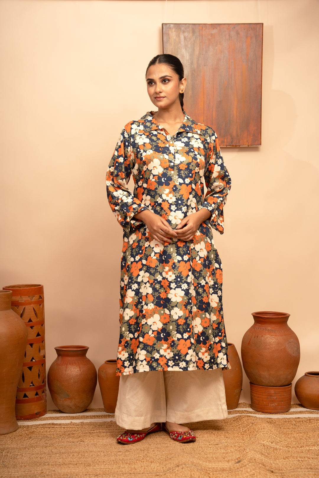 Women’s Twill Cotton Printed Collar Neck Blue Regular Fit Kurta – Arya collection