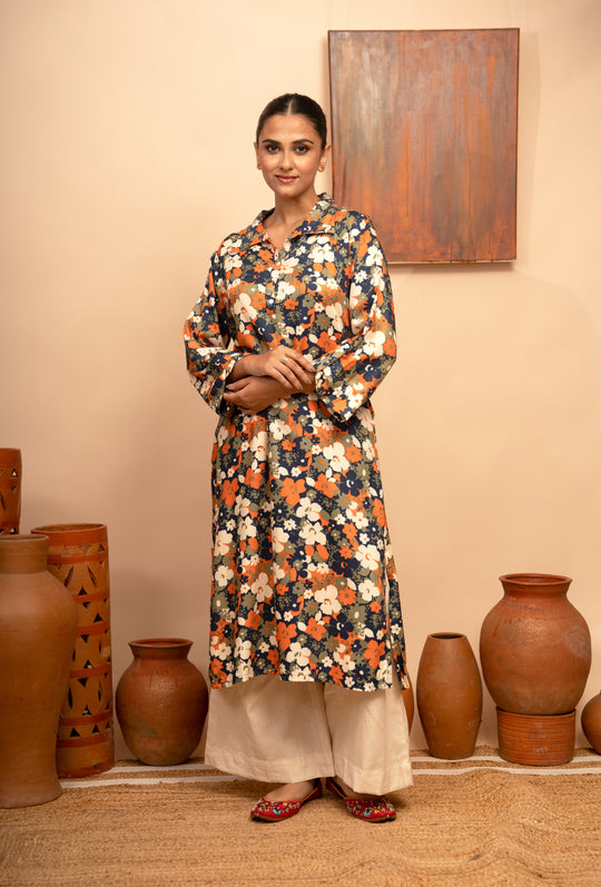 Women’s Twill Cotton Printed Collar Neck Blue Regular Fit Kurta – Arya collection