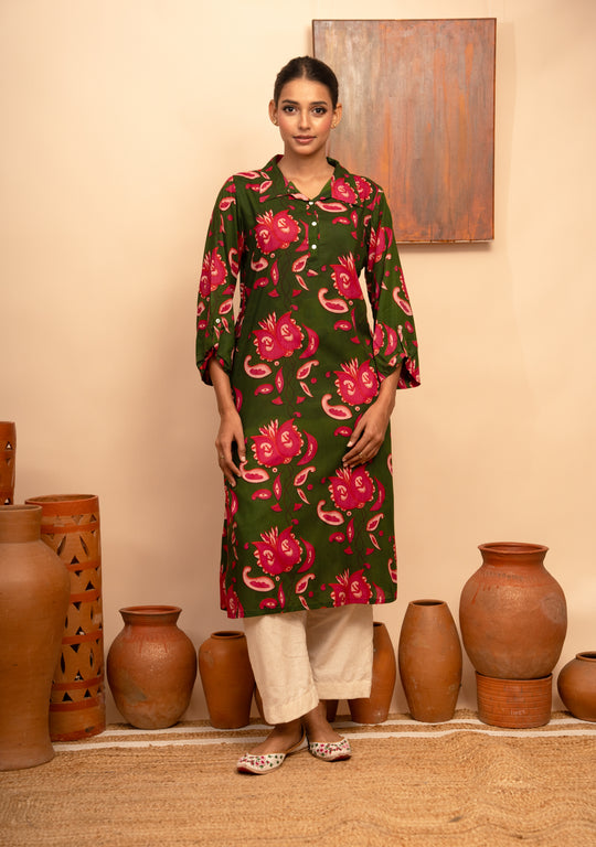 Women’s Modal Collar Neck Printed Green Regular Fit Kurta – Arya collection