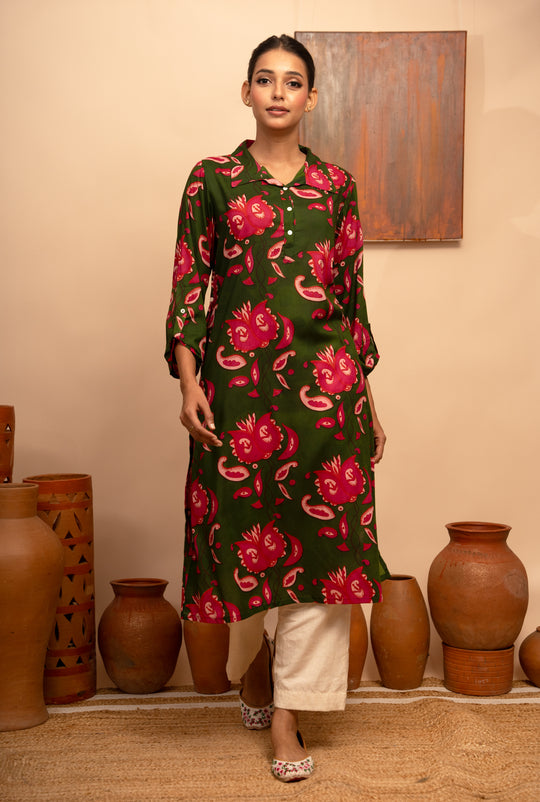 Women’s Modal Collar Neck Printed Green Regular Fit Kurta – Arya collection