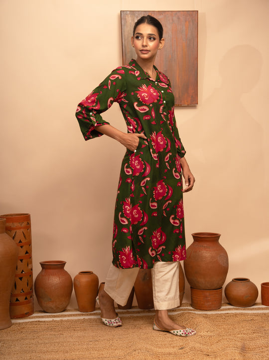 Women’s Modal Collar Neck Printed Green Regular Fit Kurta – Arya collection