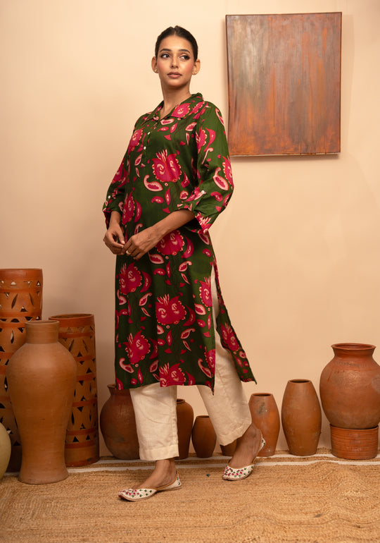 Women’s Modal Collar Neck Printed Green Regular Fit Kurta – Arya collection