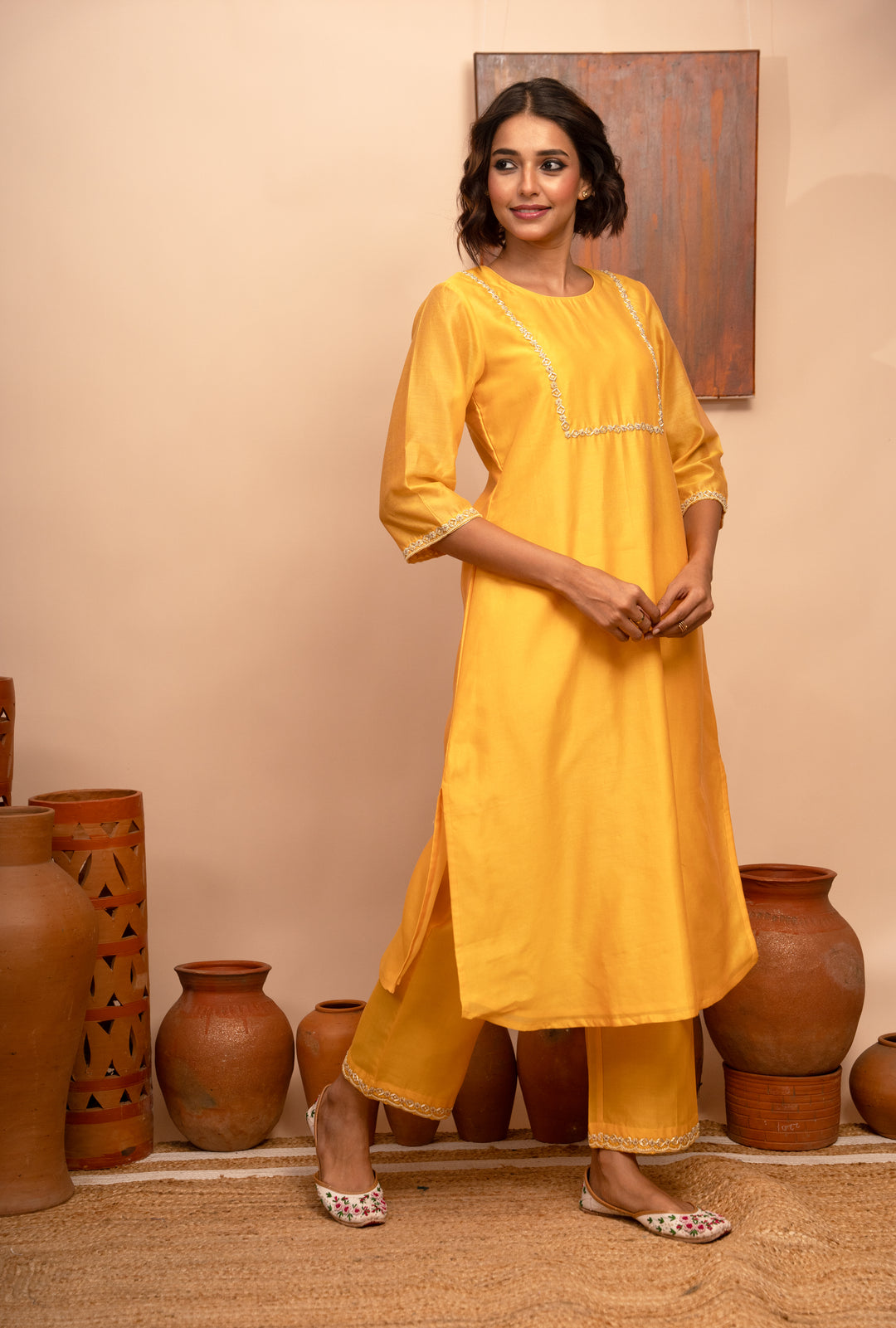 Women’s Chanderi Yellow Round Neck Hand-Embroidered Regular Fit Kurta Set - Arya Collection