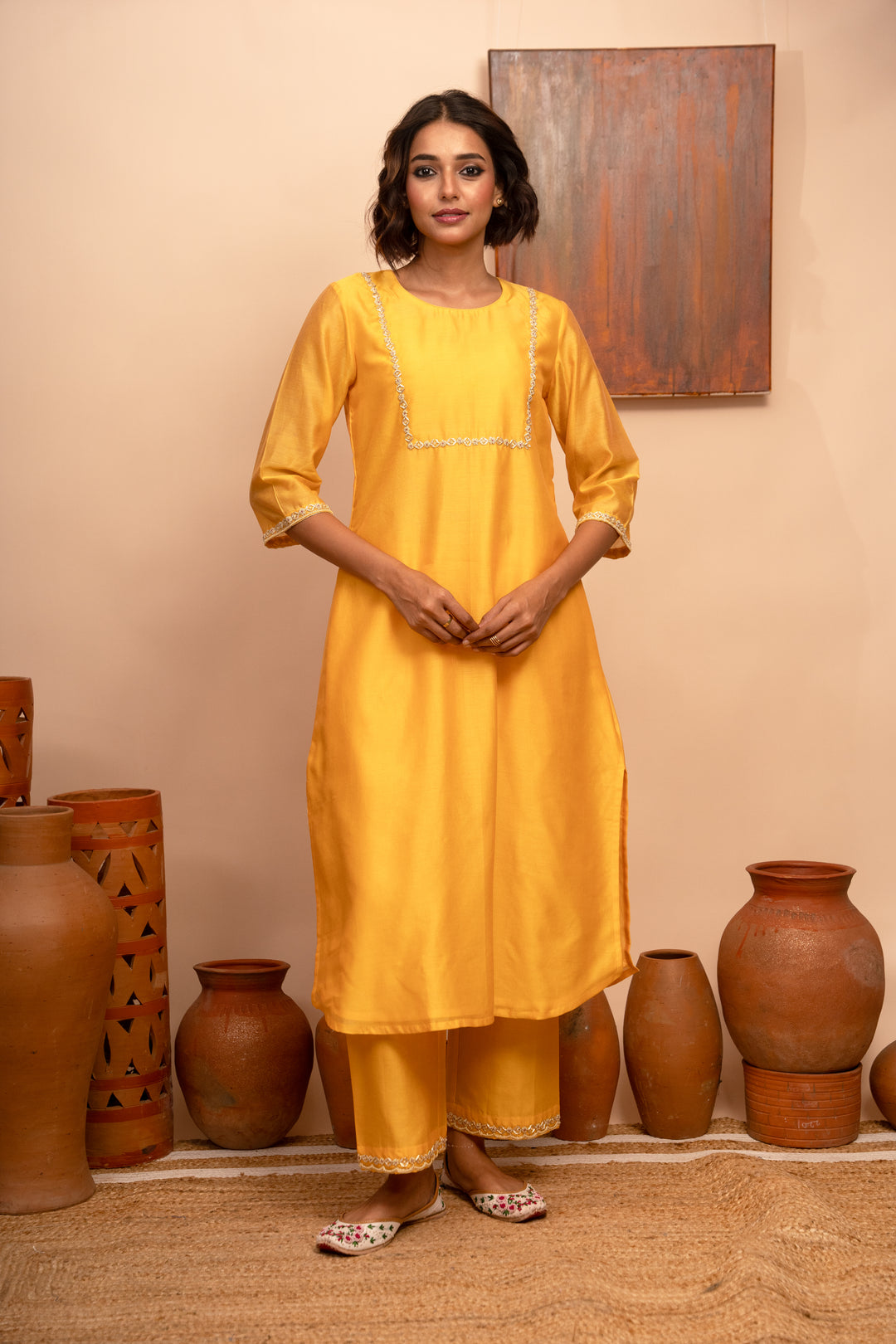 Women’s Chanderi Yellow Round Neck Hand-Embroidered Regular Fit Kurta Set - Arya Collection