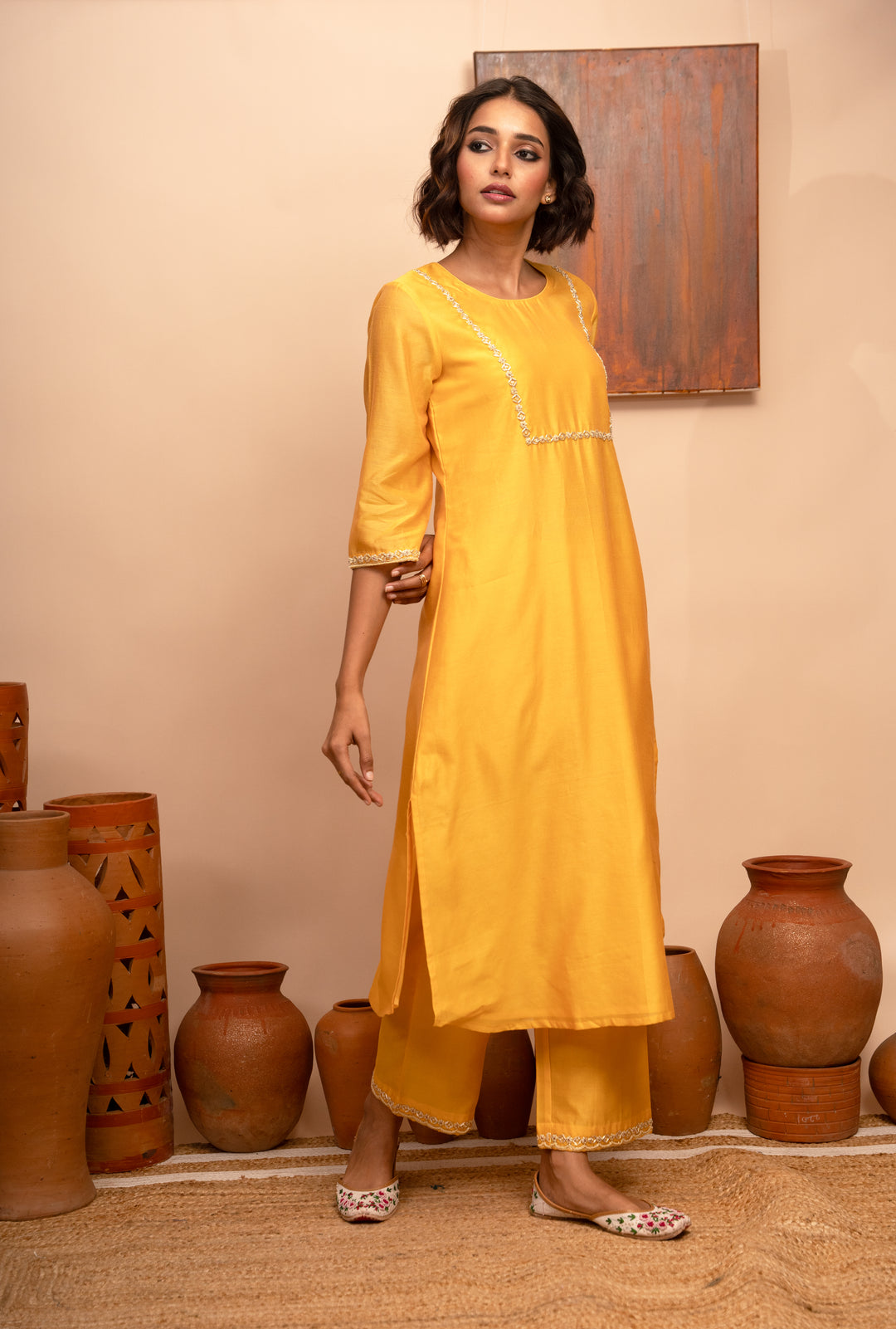 Women’s Chanderi Yellow Round Neck Hand-Embroidered Regular Fit Kurta Set - Arya Collection