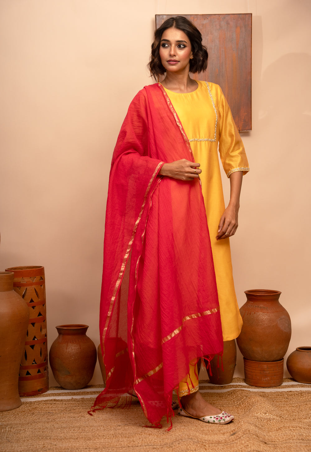 Women’s Chanderi Yellow Round Neck Hand-Embroidered Regular Fit Kurta Set - Arya Collection