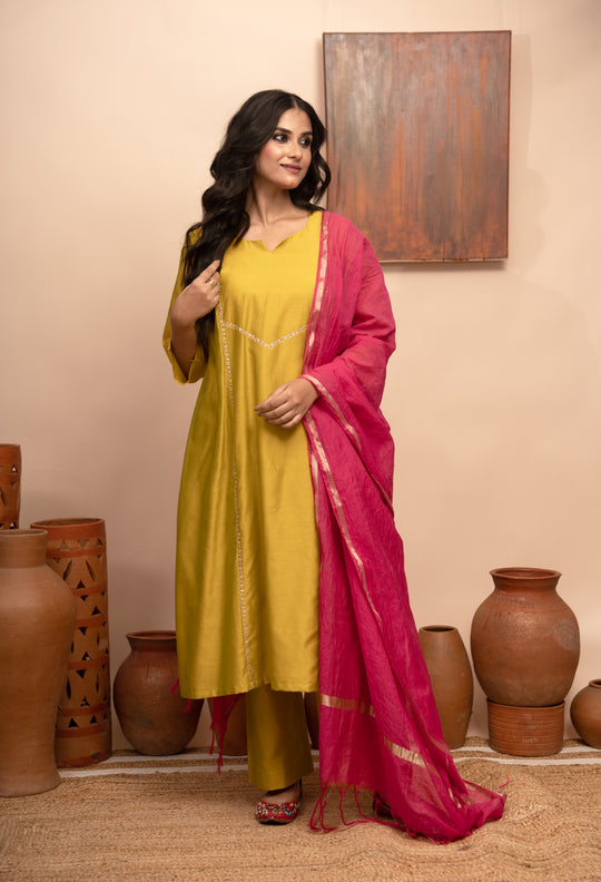 Women’s Chanderi Round Neck Lime Green Kurta Set – Arya Collection