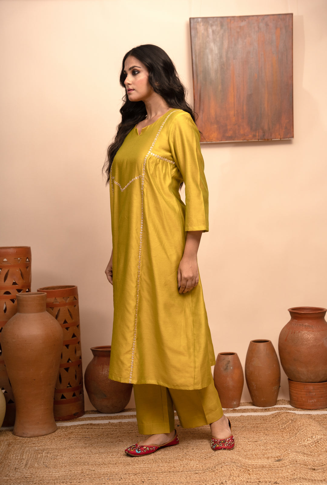 Women’s Chanderi Round Neck Lime Green Kurta Set – Arya Collection