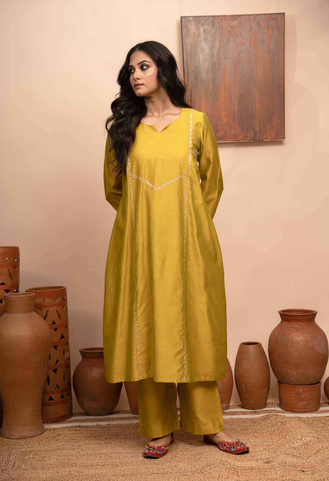 Women’s Chanderi Round Neck Lime Green Kurta Set – Arya Collection