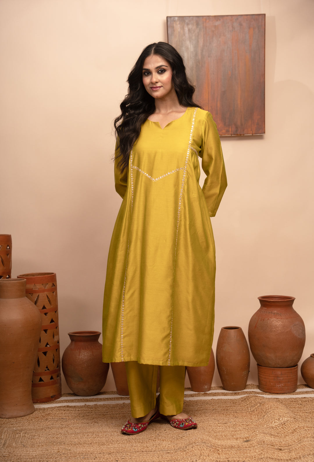 Women’s Chanderi Round Neck Lime Green Kurta Set – Arya Collection