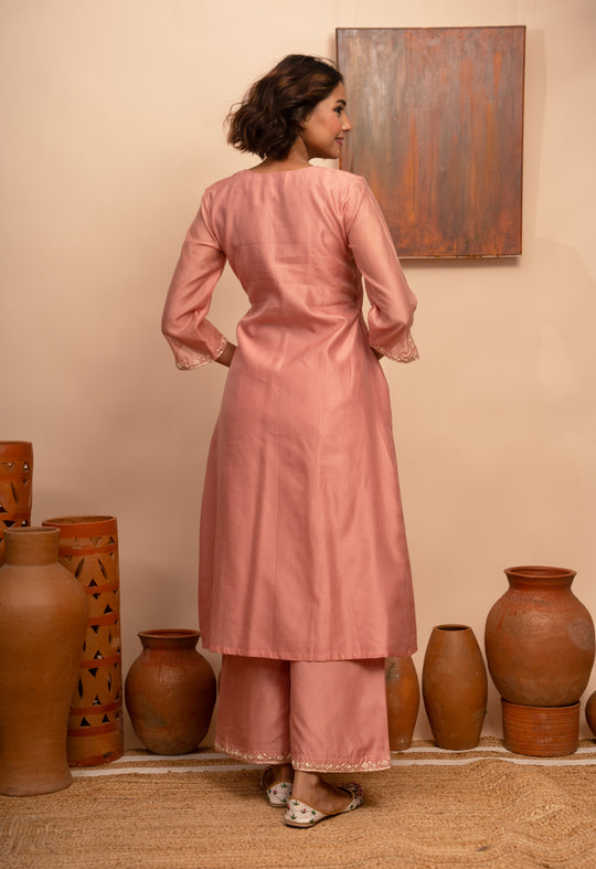 Women’s Pink Chanderi Hand-Embroidered Angarkha Suit Set - Arya collection