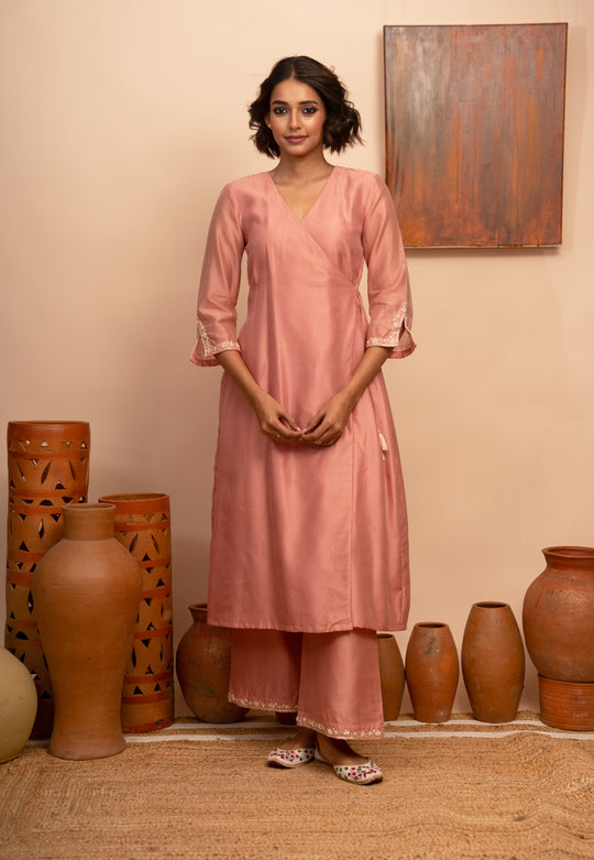 Women’s Pink Chanderi Hand-Embroidered Angarkha Suit Set - Arya collection