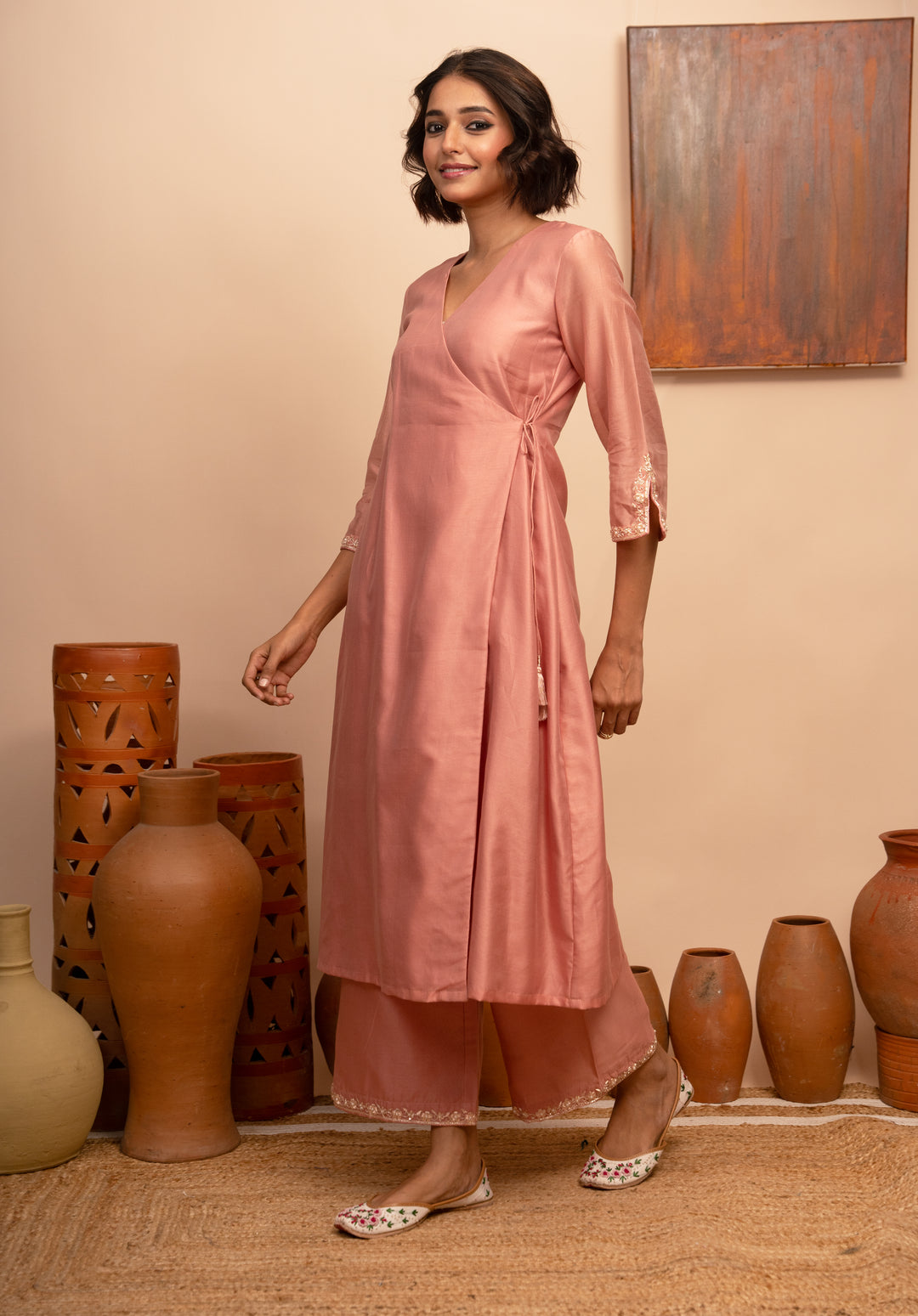 Women’s Pink Chanderi Hand-Embroidered Angarkha Suit Set - Arya collection