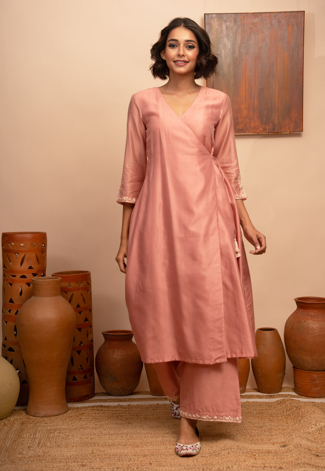 Women’s Pink Chanderi Hand-Embroidered Angarkha Suit Set - Arya collection