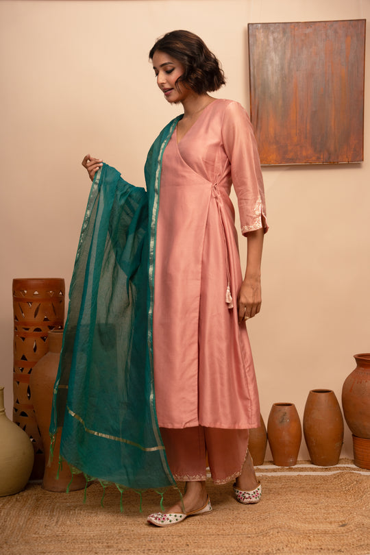 Women’s Pink Chanderi Hand-Embroidered Angarkha Suit Set - Arya collection