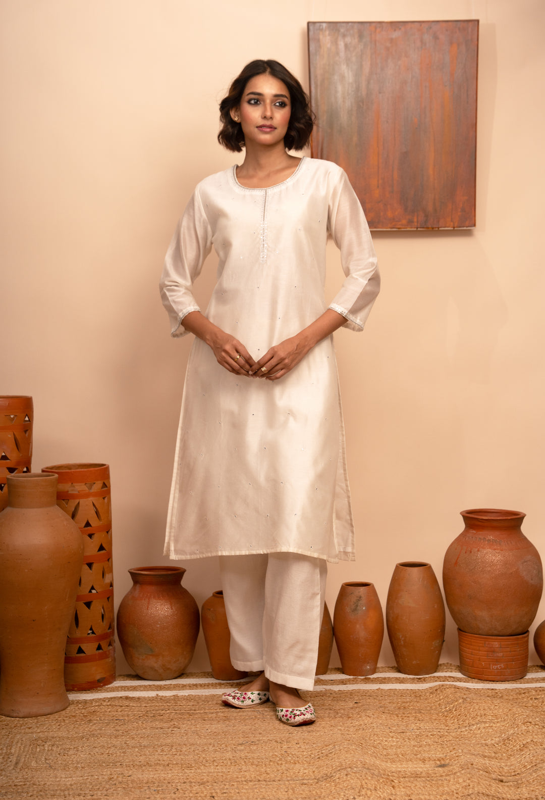 Women’s Chanderi Round Neck Hand-Embroidered Regular Fit Kurta Set – Ivory - Arya collection