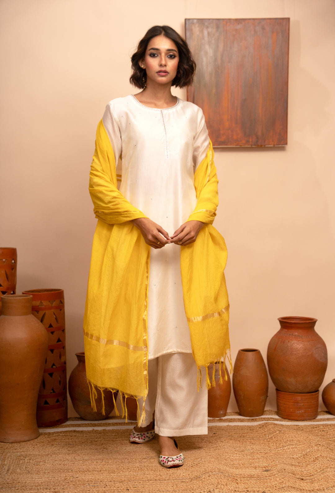 Women’s Chanderi Round Neck Hand-Embroidered Regular Fit Kurta Set – Ivory - Arya collection