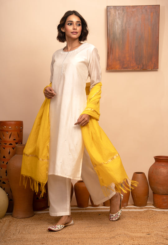 Women’s Chanderi Round Neck Hand-Embroidered Regular Fit Kurta Set – Ivory - Arya collection