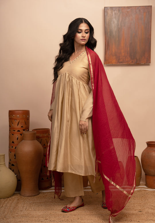 Women’s Taupe Chanderi Hand-Embroidered Suit Set - Arya collection