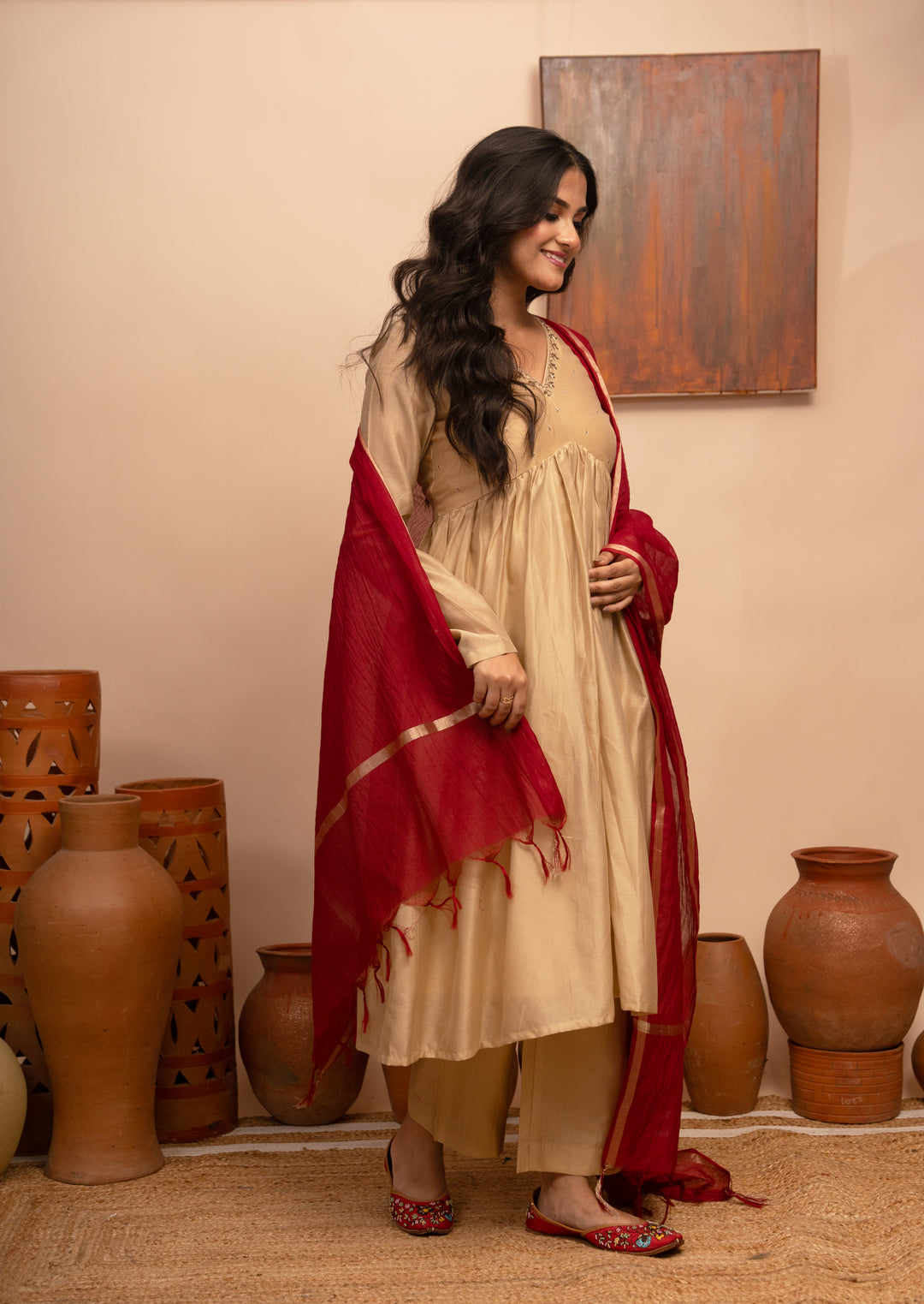 Women’s Taupe Chanderi Hand-Embroidered Suit Set - Arya collection