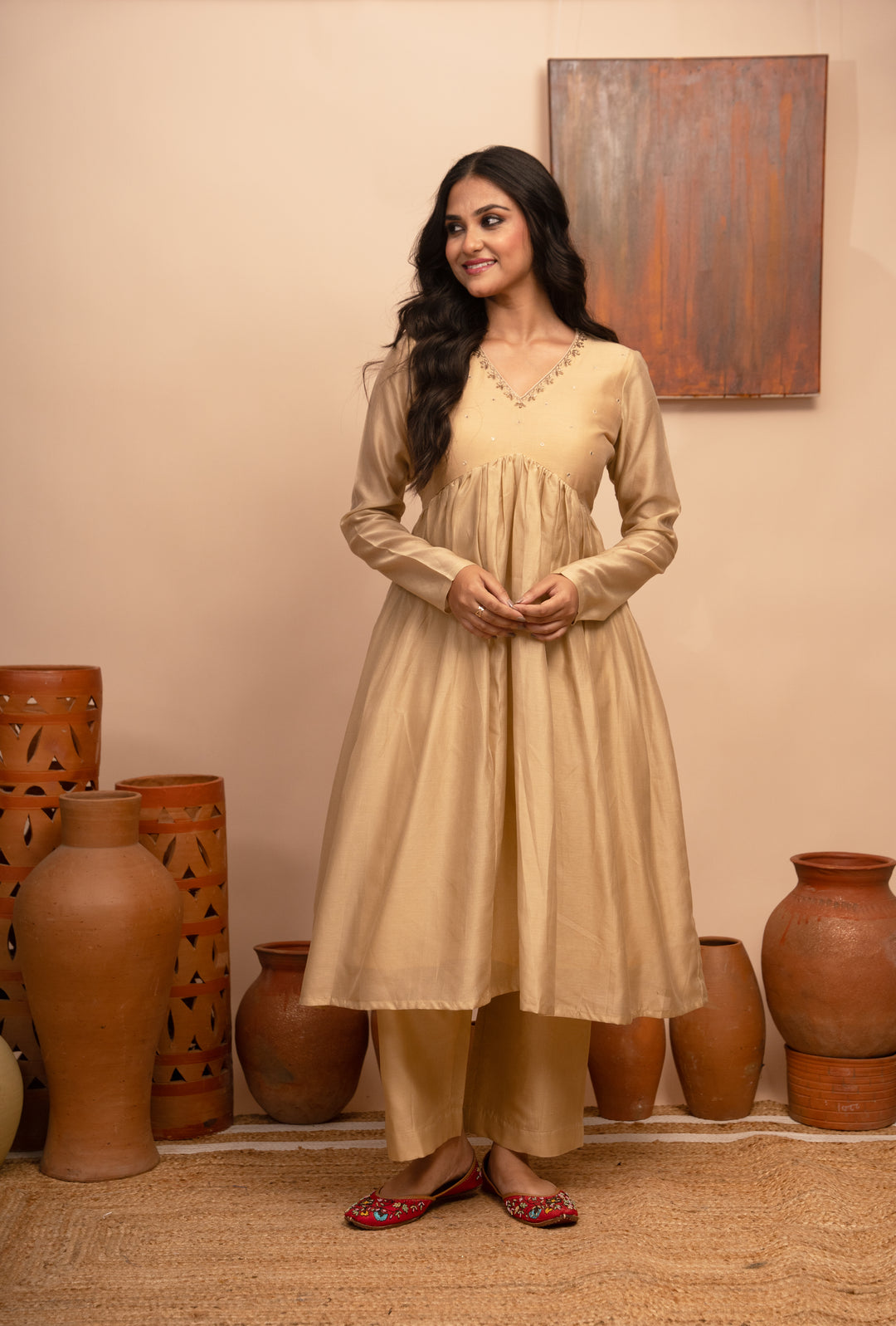 Women’s Taupe Chanderi Hand-Embroidered Suit Set - Arya collection