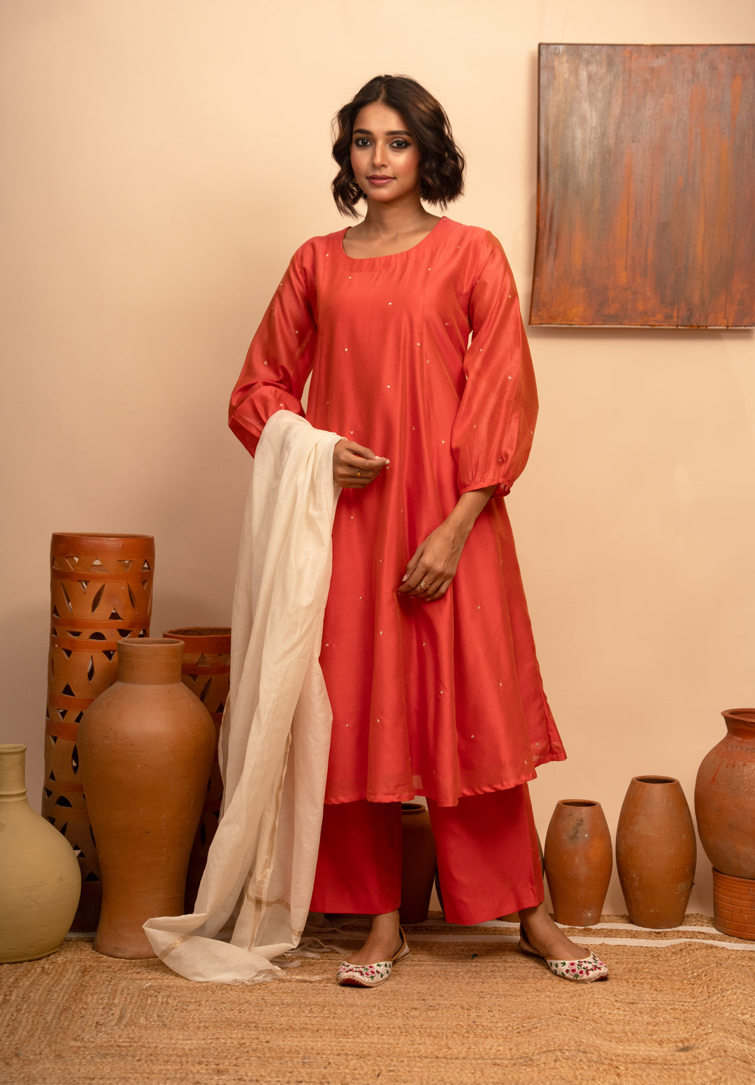 Women’s Red Chanderi Hand-Embroidered Pitta Work A-Line Kurta Set - Arya collection