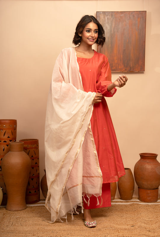 Women’s Red Chanderi Hand-Embroidered Pitta Work A-Line Kurta Set - Arya collection