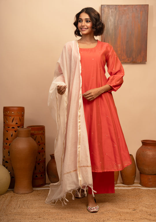 Women’s Red Chanderi Hand-Embroidered Pitta Work A-Line Kurta Set - Arya collection