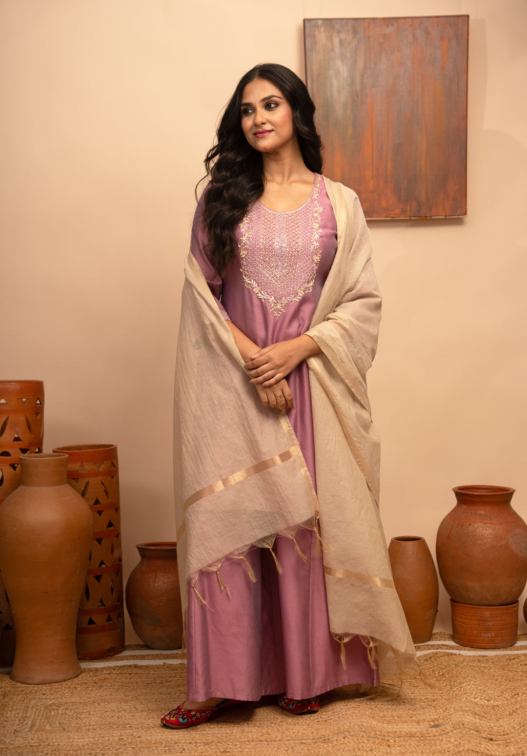 Women’s Purple Chanderi Hand-Embroidered Zardozi & Zari Work Suit Set- Arya collection