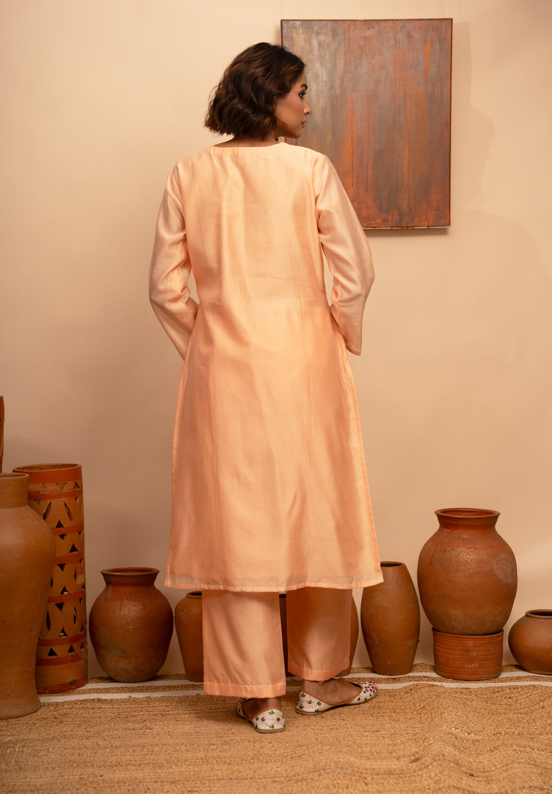 Women’s Peach Chanderi Hand-Embroidered Zardozi Suit Set - Arya collection