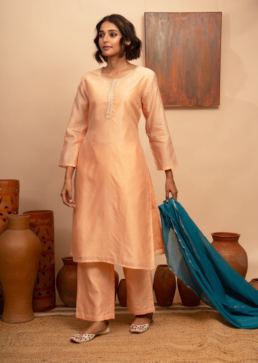 Women’s Peach Chanderi Hand-Embroidered Zardozi Suit Set - Arya collection