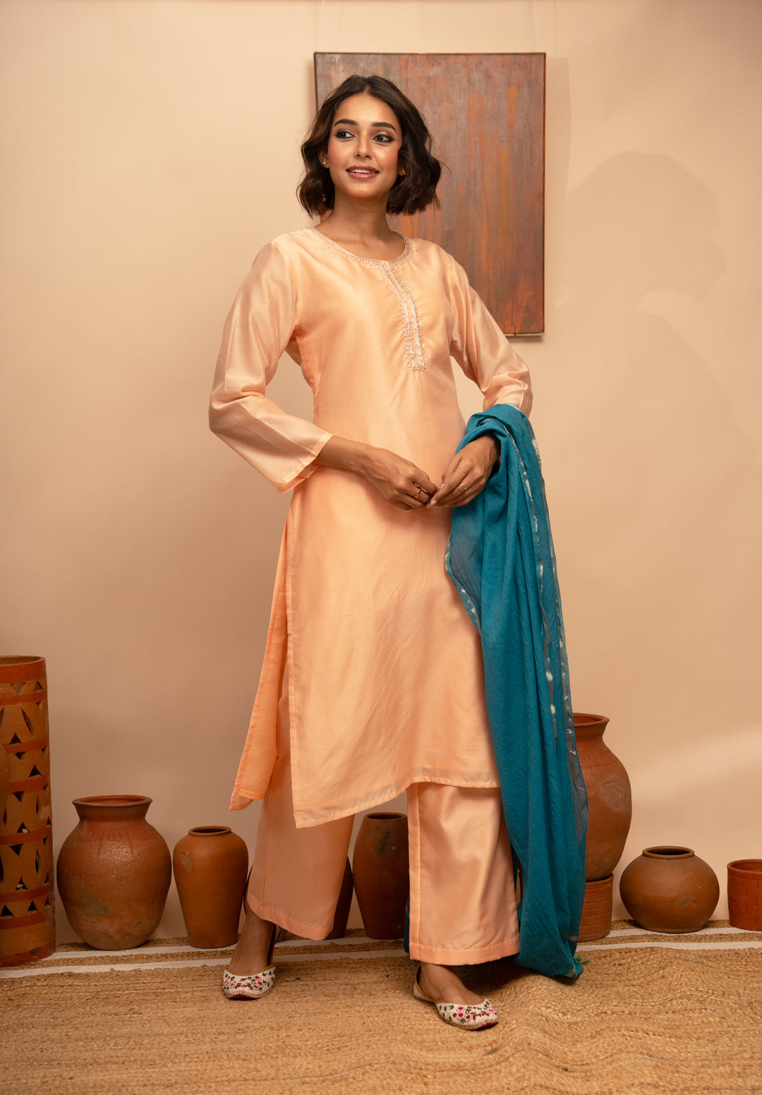 Women’s Peach Chanderi Hand-Embroidered Zardozi Suit Set - Arya collection